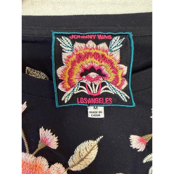 Johnny Was Black Cotton Floral Embroidered 3/4 Sleeve Top Medium Boho - Picture 4 of 6